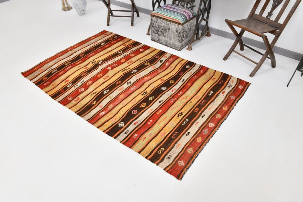 Kilim 205x131 cm, beżowy, brązowy, wełna, Turcja, lata 60. - 220644
