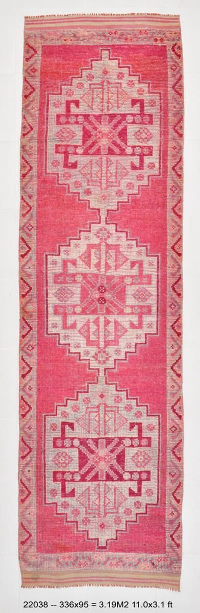 Runner 336x95 cm, pink, wool, 1970s - 220630
