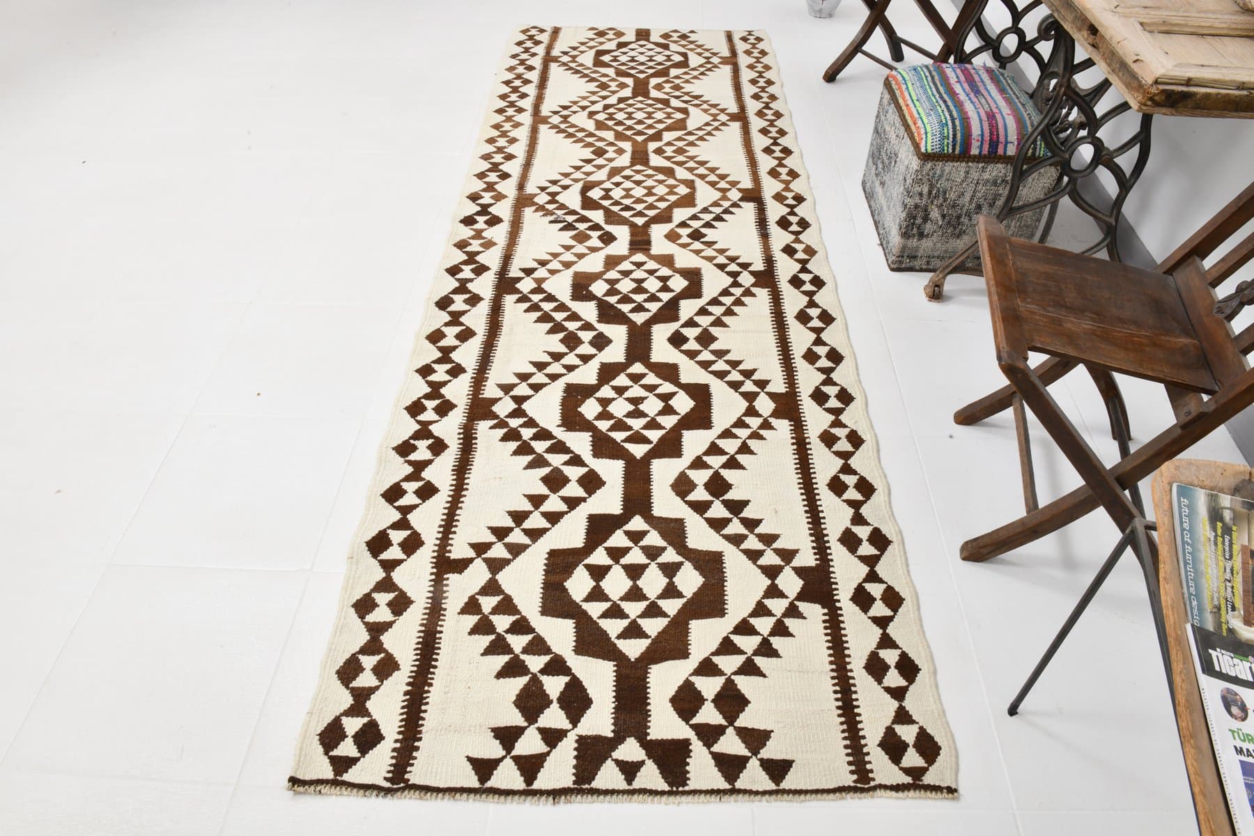 Kilim chodnik 314x106 cm, beżowy, wełna, Turcja, lata 60. - 220614