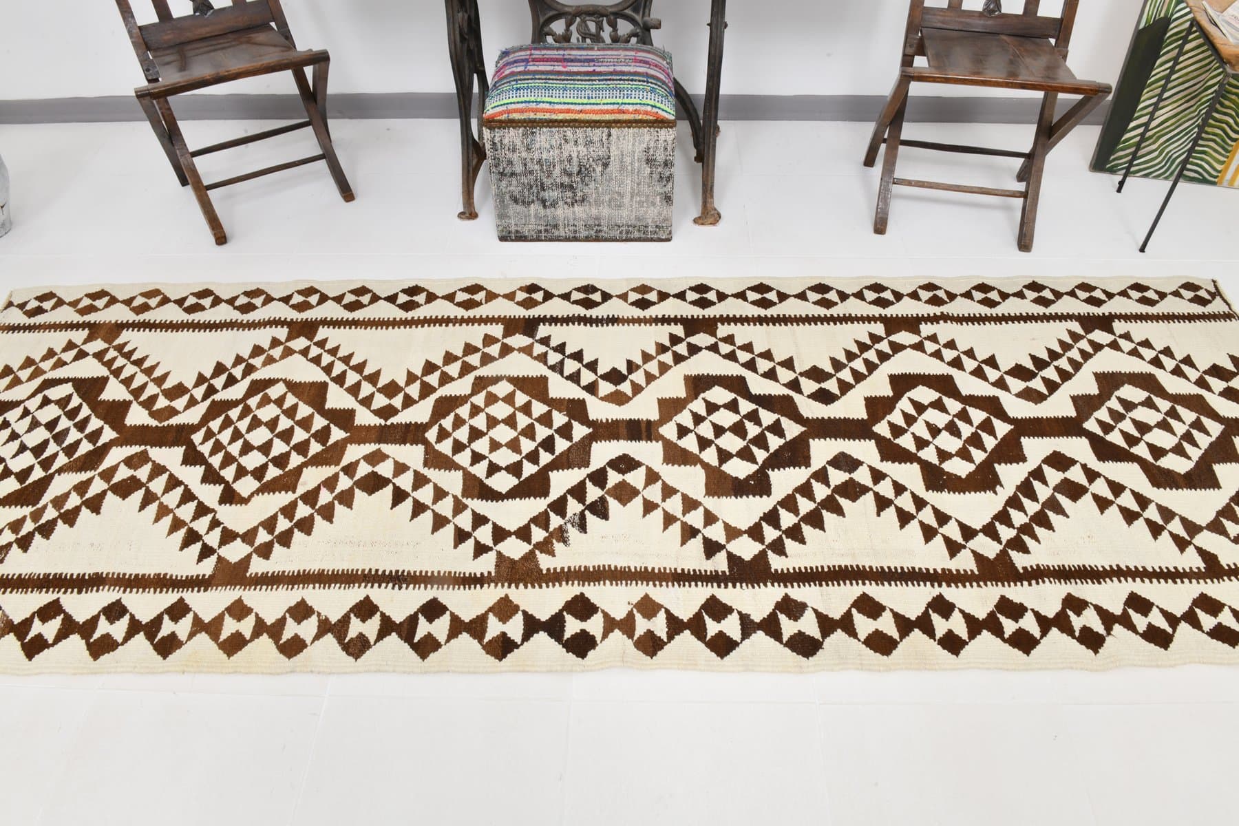 Kilim chodnik 314x106 cm, beżowy, wełna, Turcja, lata 60. - 220620