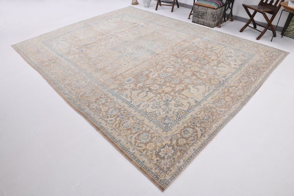 Dywan 361x275 cm, turkusowy, brązowy, wełna, Turcja, lata 60. - 220599