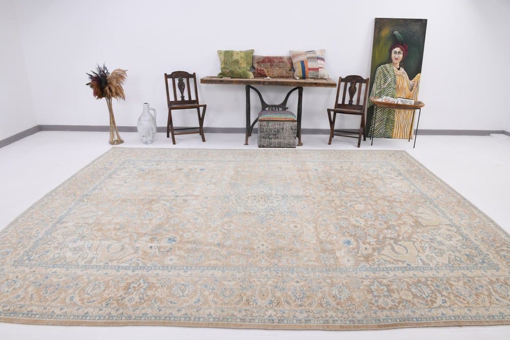 Dywan 361x275 cm, turkusowy, brązowy, wełna, Turcja, lata 60. - 220594