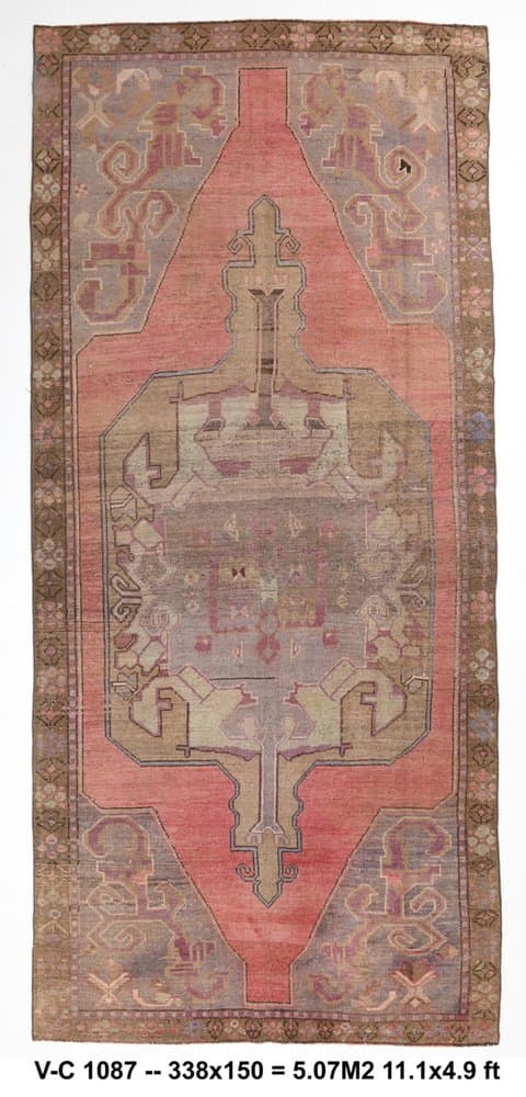 Dywan 338x150 cm, różowy, brązowy, wełna, lata 70. - 220552