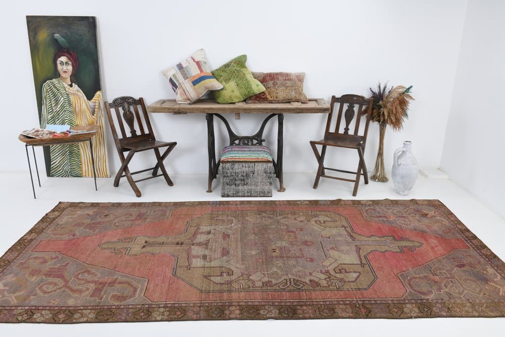 Dywan 338x150 cm, różowy, brązowy, wełna, lata 70. - 220553