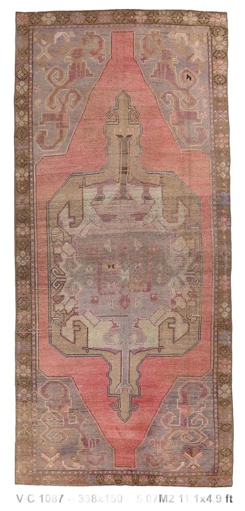 Dywan 338x150 cm, różowy, brązowy, wełna, lata 70.