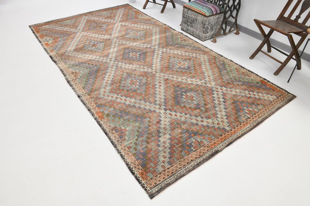 Kilim 173x328 cm, zielony, beżowy, wełna, Turcja, lata 60. - 221432