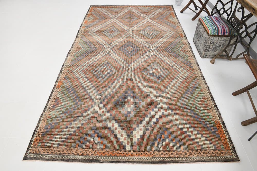 Kilim 173x328 cm, zielony, beżowy, wełna, Turcja, lata 60. - 221436