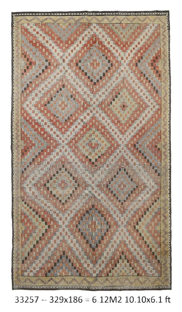 Kilim 186x329 cm, czerwony, niebieski, wełna, lata 70.