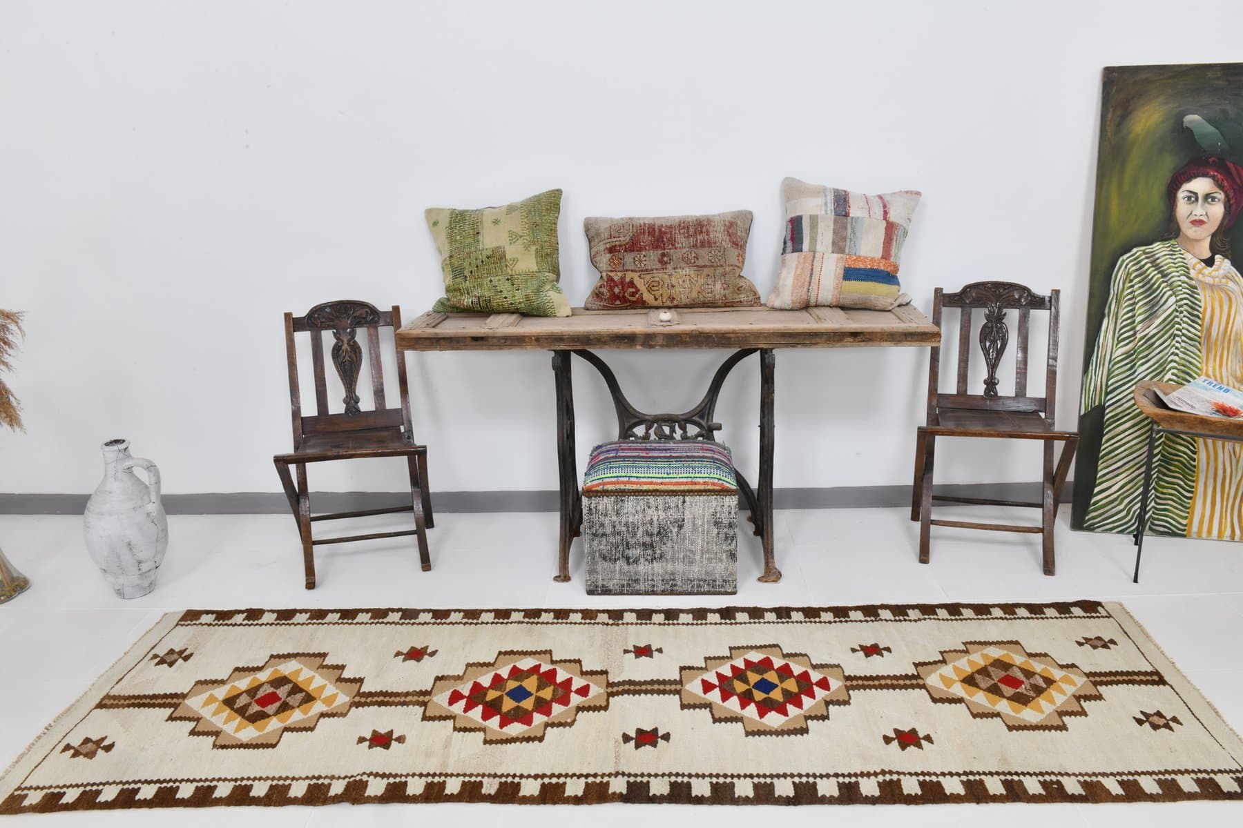 Kilim 86x285 cm, beżowy, wełna, Turcja, lata 70. - 221385