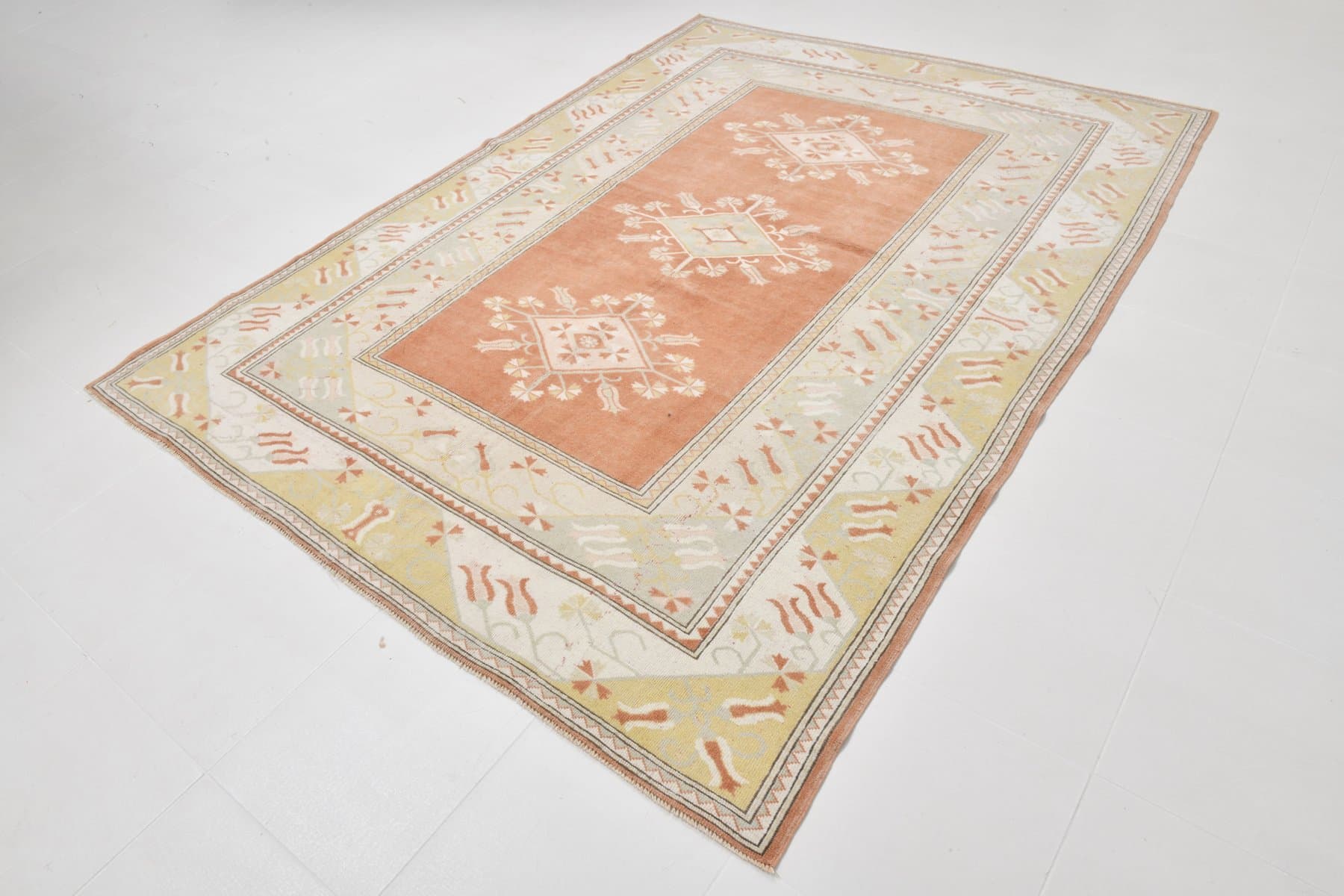 Dywan 205x276 cm, beżowy, pomarańczowy, wełna, lata 60. - 221354