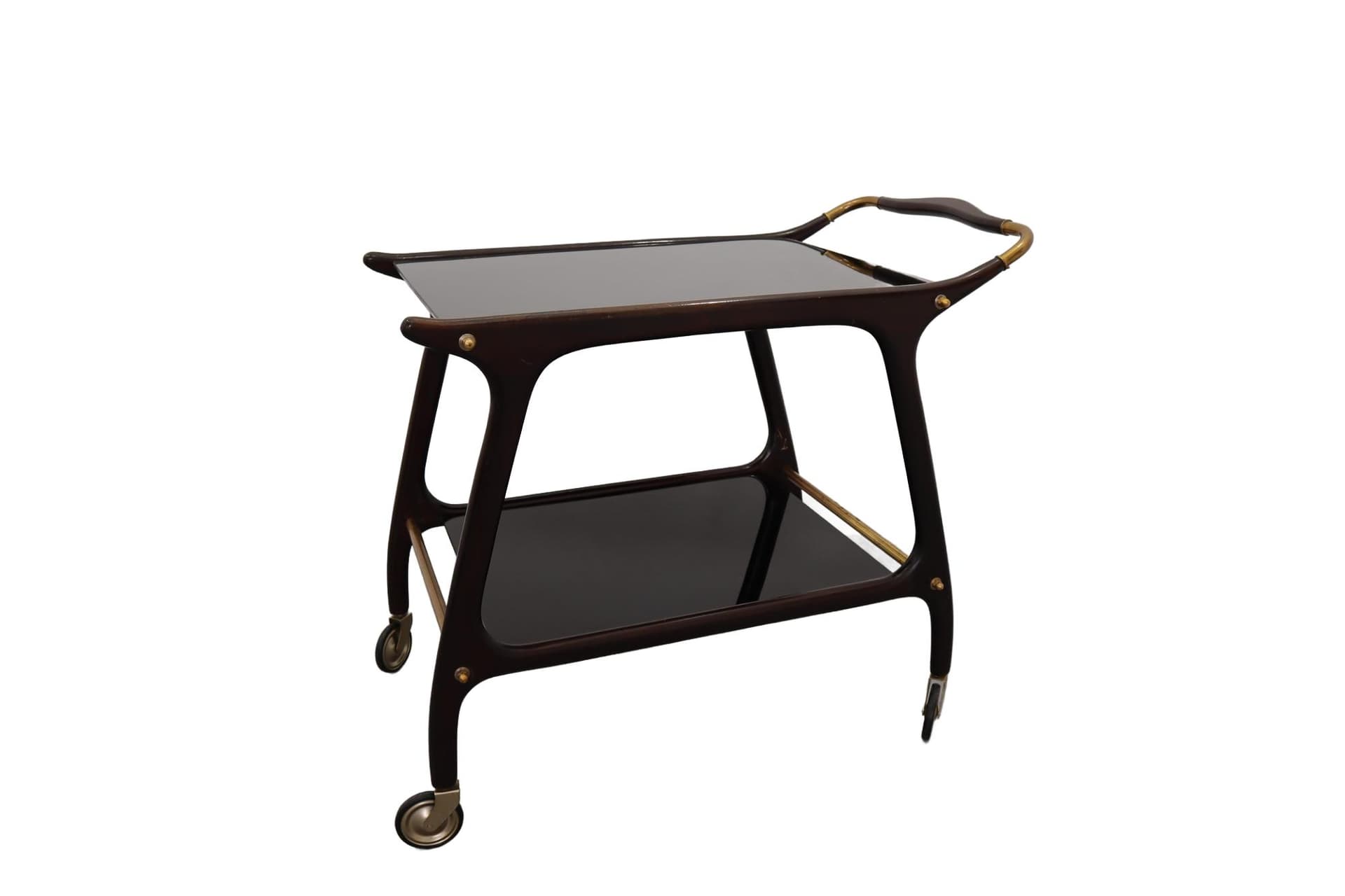 Wózek barowy, drewno brązowy, szkło czarny, Niemcy, lata 60.