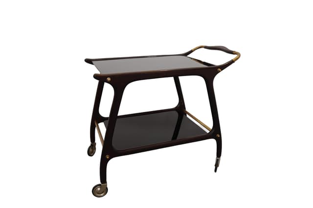 Wózek barowy, drewno brązowy, szkło czarny, Niemcy, lata 60. - WYMIARY