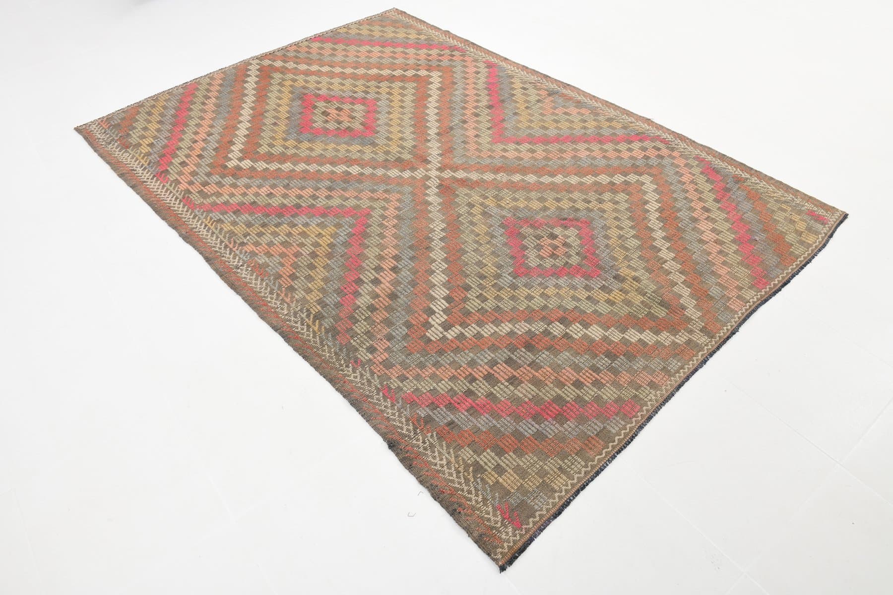 Kilim 251x178 cm, brązowy, wełna, lata 60. - 221307