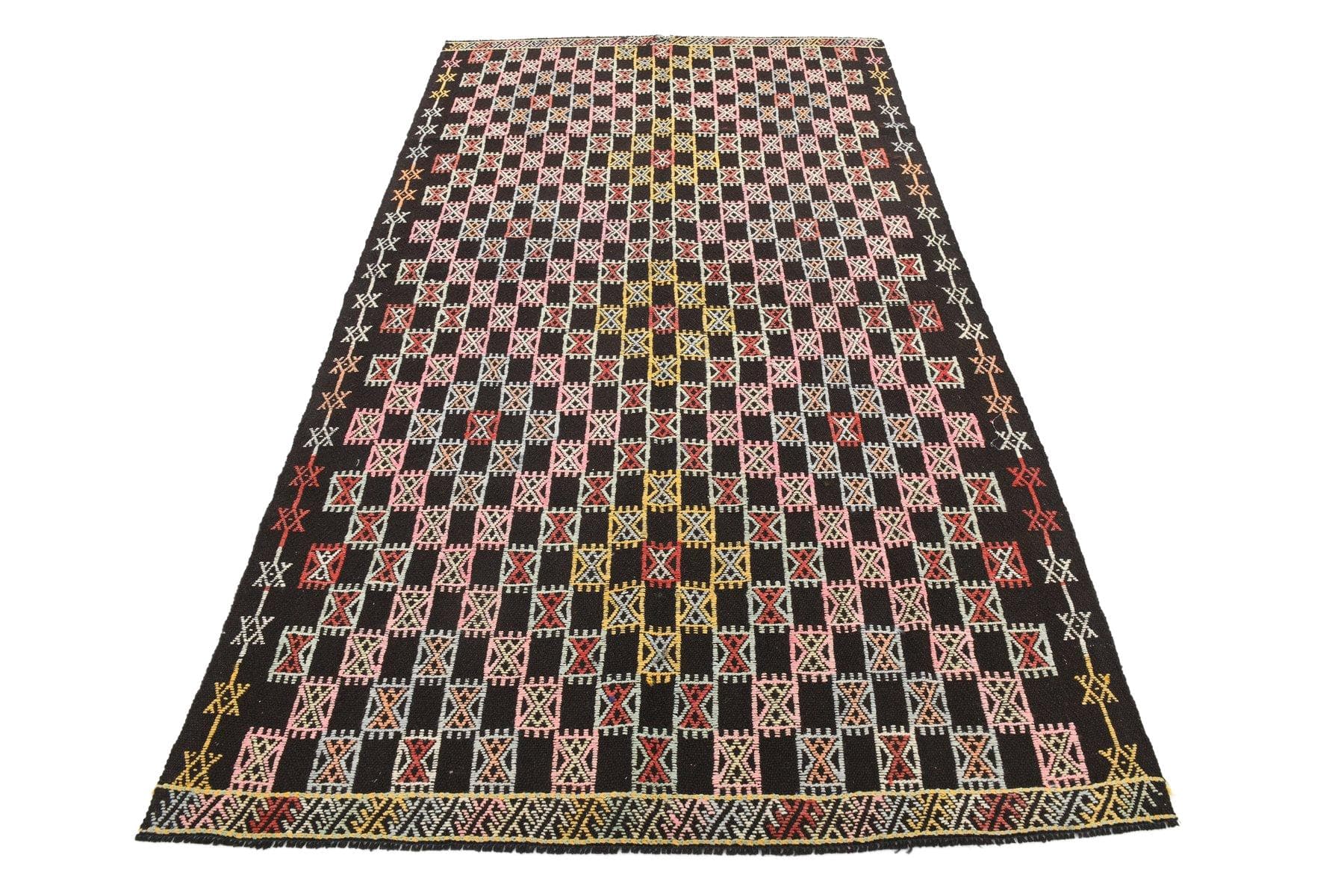 Kilim 148x262 cm, różowy, zielony, wełna, lata 60.