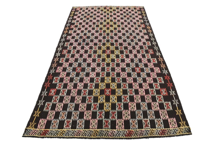 Kilim 148x262 cm, różowy, zielony, wełna, lata 60.