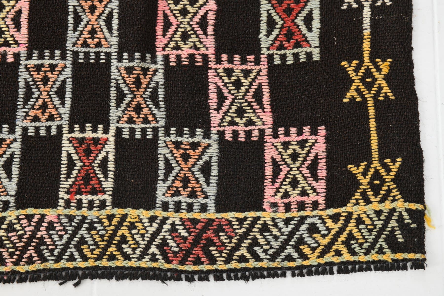 Kilim 148x262 cm, różowy, zielony, wełna, lata 60. - 221299