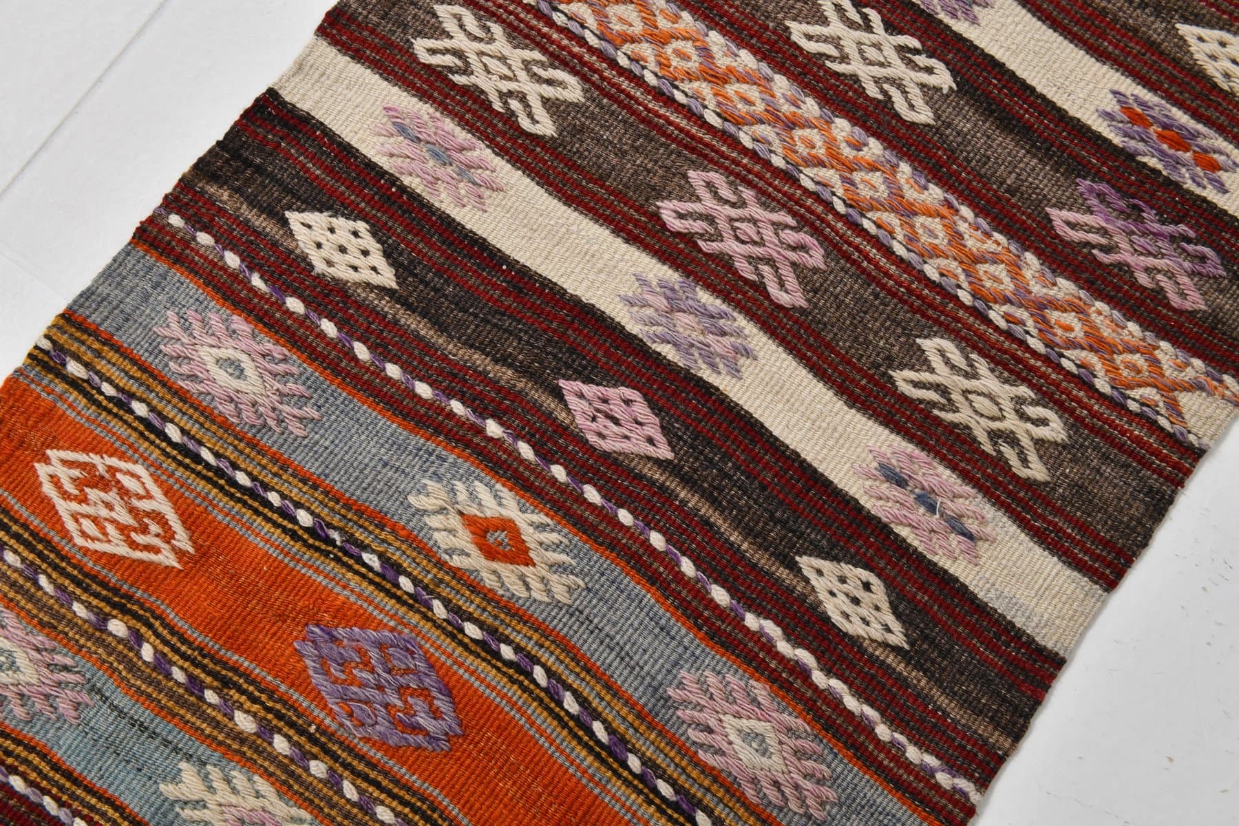Kilim 406x58 cm, brązowy, wełna, Turcja, lata 60. - 221256