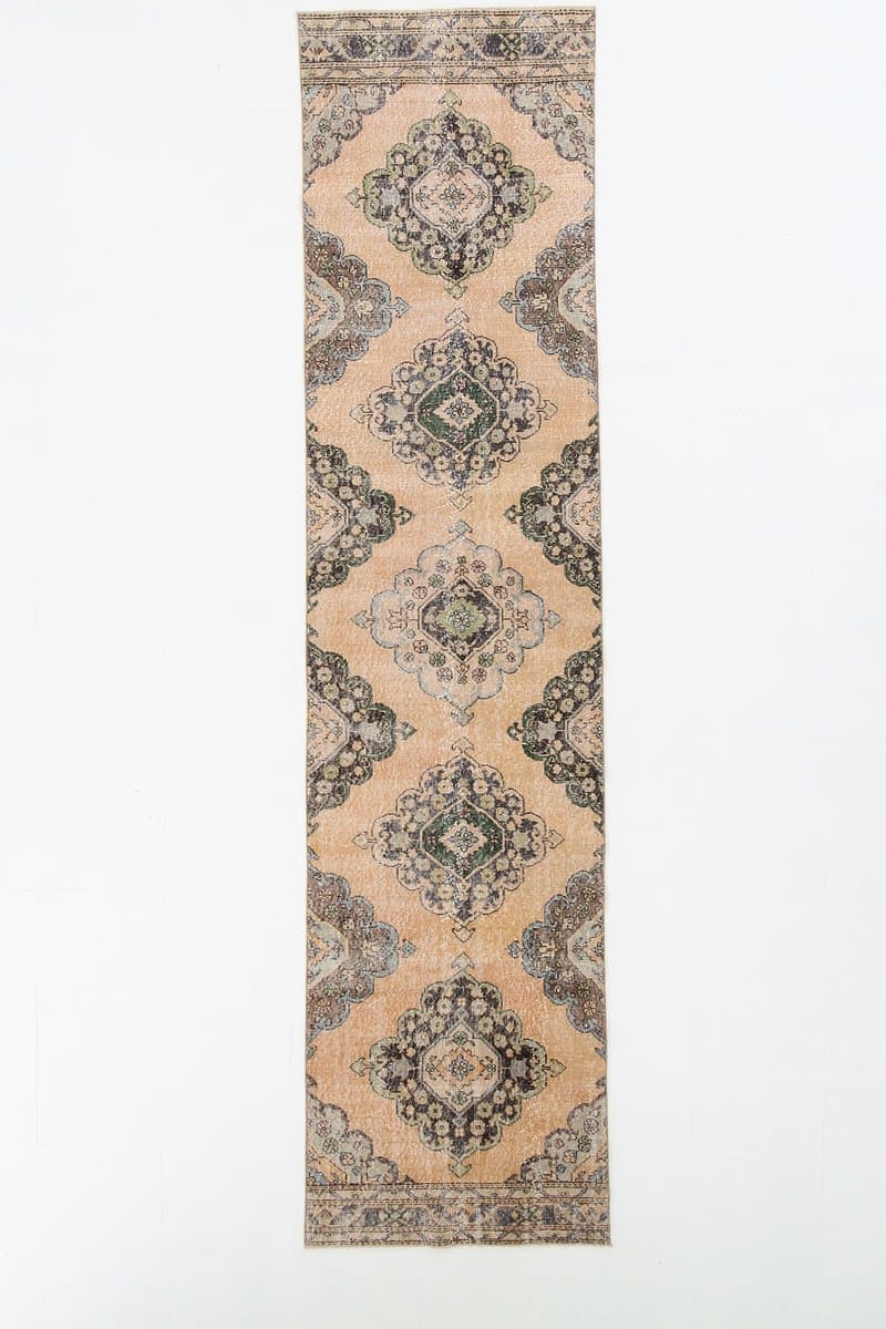 Chodnik 380x91 cm, beżowy, zielony, wełna, Turcja, lata 60. - 221123