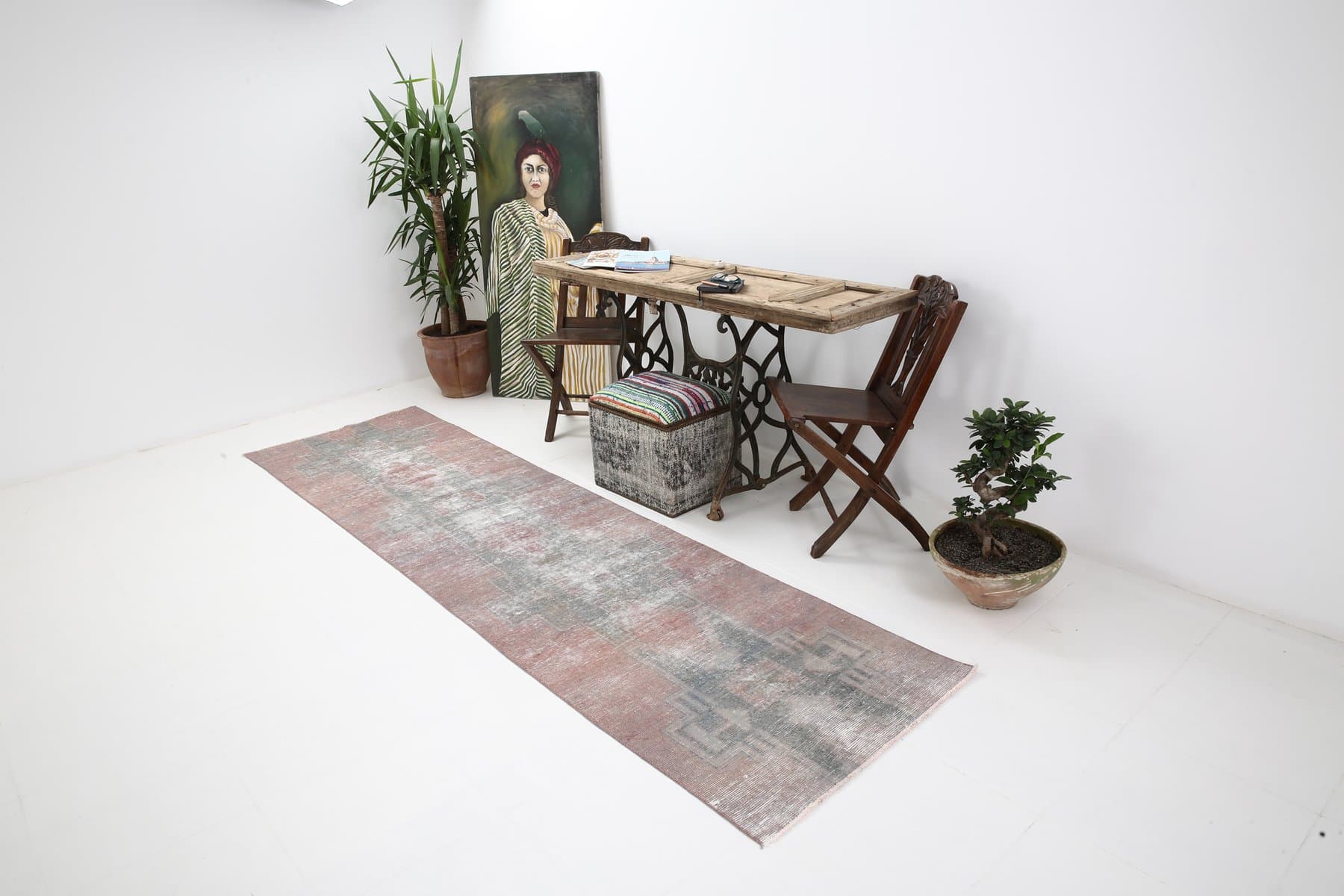 Chodnik 319x83 cm, różowy, zielony, wełna, Turcja, lata 60. - 221111