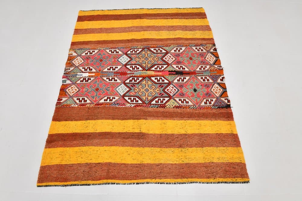Kilim 172x130 cm, brązowy, pomarańczowy, wełna, Turcja, lata 60. - 221084