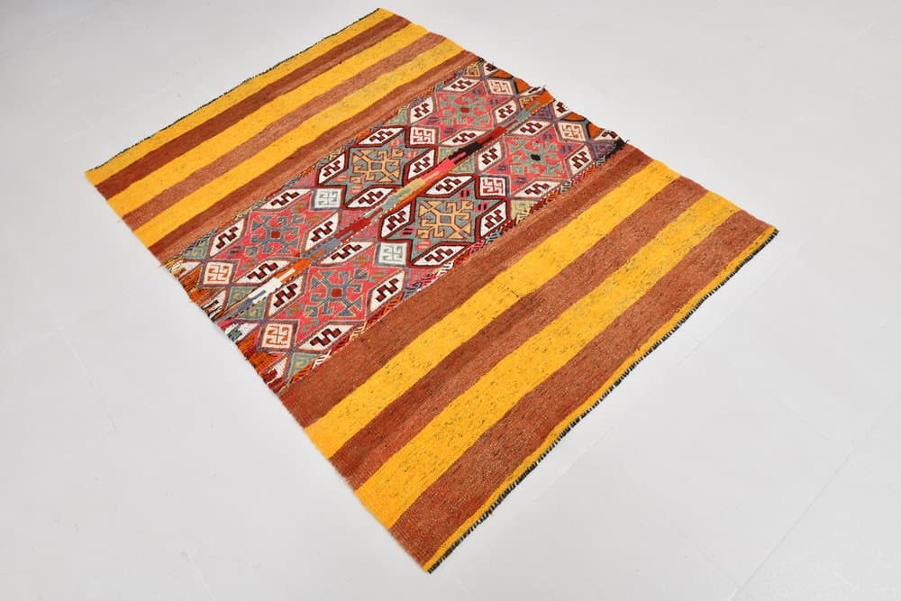 Kilim 172x130 cm, brązowy, pomarańczowy, wełna, Turcja, lata 60. - 221086