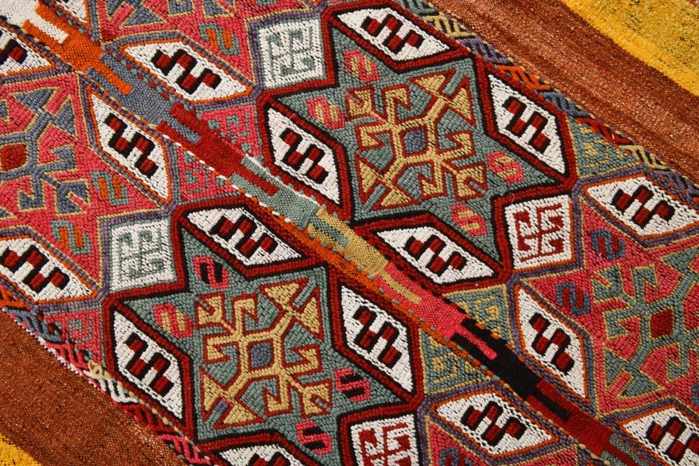 Kilim 172x130 cm, brązowy, pomarańczowy, wełna, Turcja, lata 60. - 221087