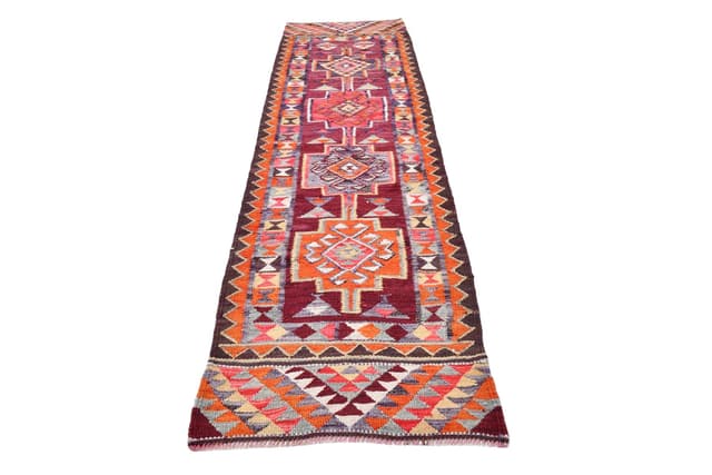 Kilim chodnik 288x83 cm, koralowy, wełna, Turcja, lata 60. - WYMIARY
