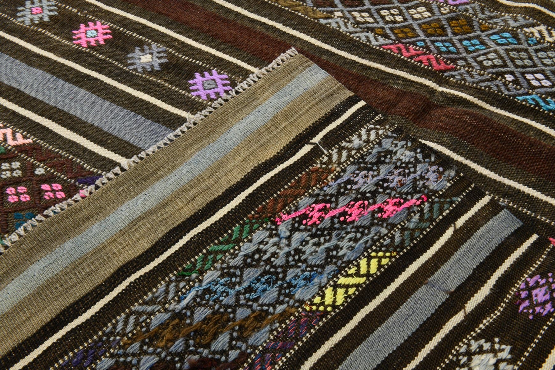 Kilim 214x144 cm, szary, brązowy, wełna, Turcja, lata 70. - 221044