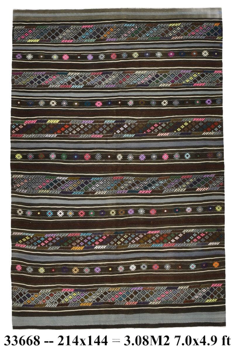 Kilim 214x144 cm, szary, brązowy, wełna, Turcja, lata 70.