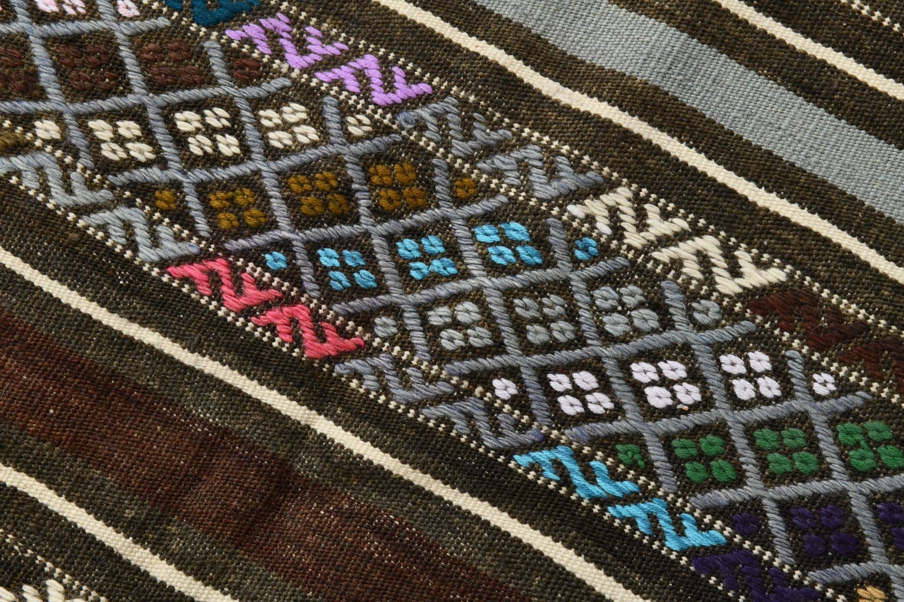 Kilim 214x144 cm, szary, brązowy, wełna, Turcja, lata 70. - 221048