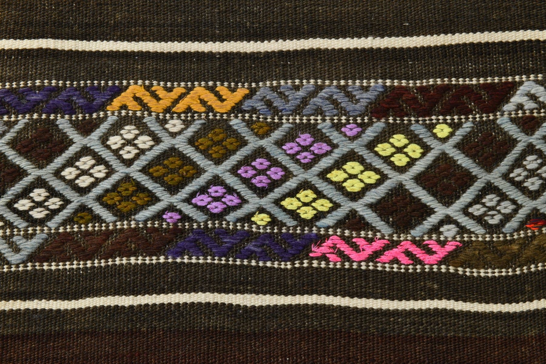 Kilim 214x144 cm, szary, brązowy, wełna, Turcja, lata 70. - 221053