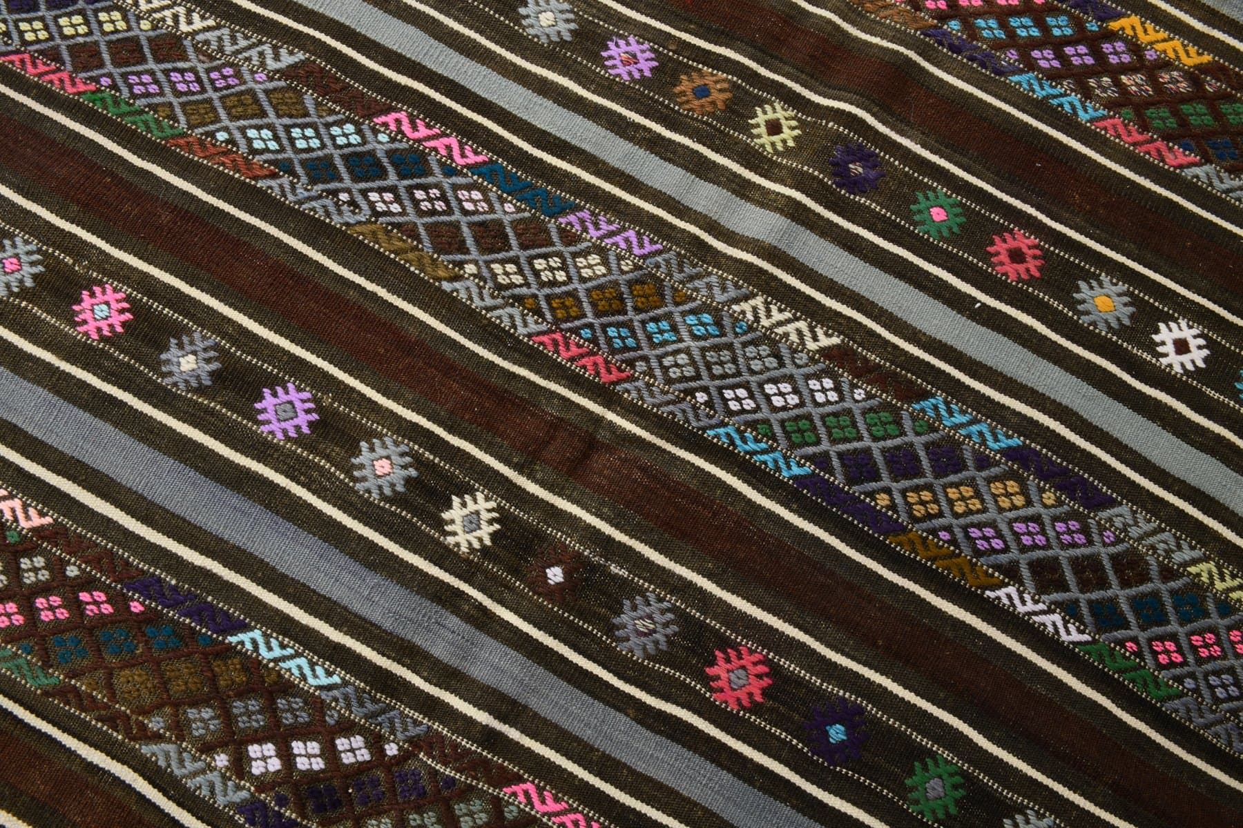 Kilim 214x144 cm, szary, brązowy, wełna, Turcja, lata 70. - 221049