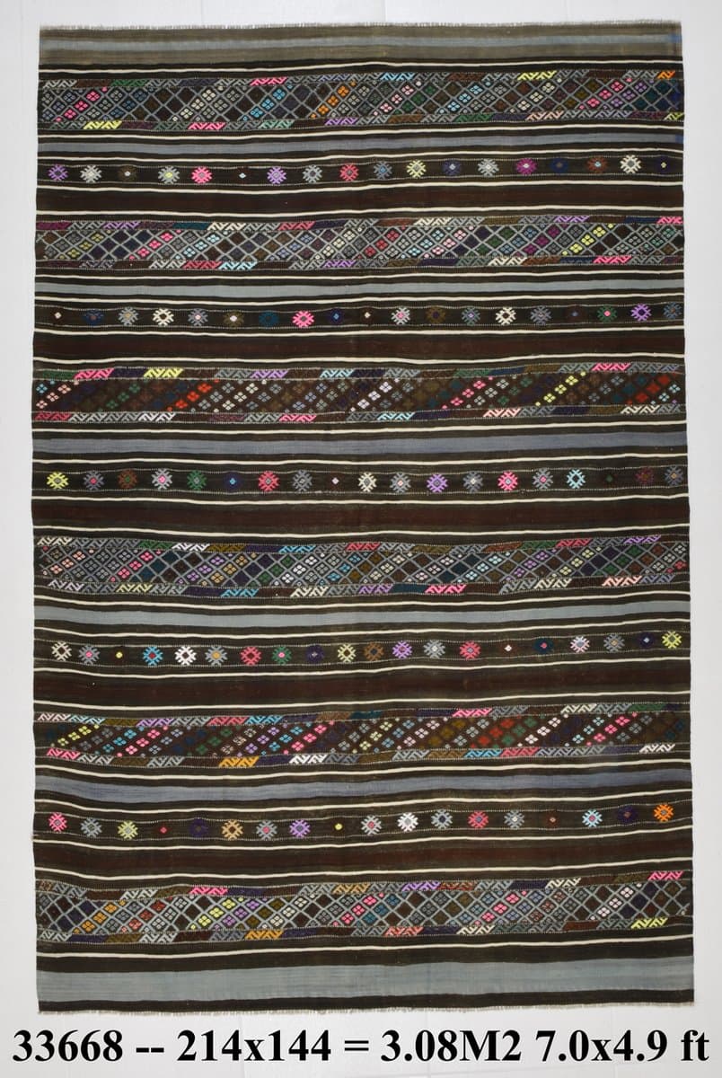 Kilim 214x144 cm, szary, brązowy, wełna, Turcja, lata 70. - 221045