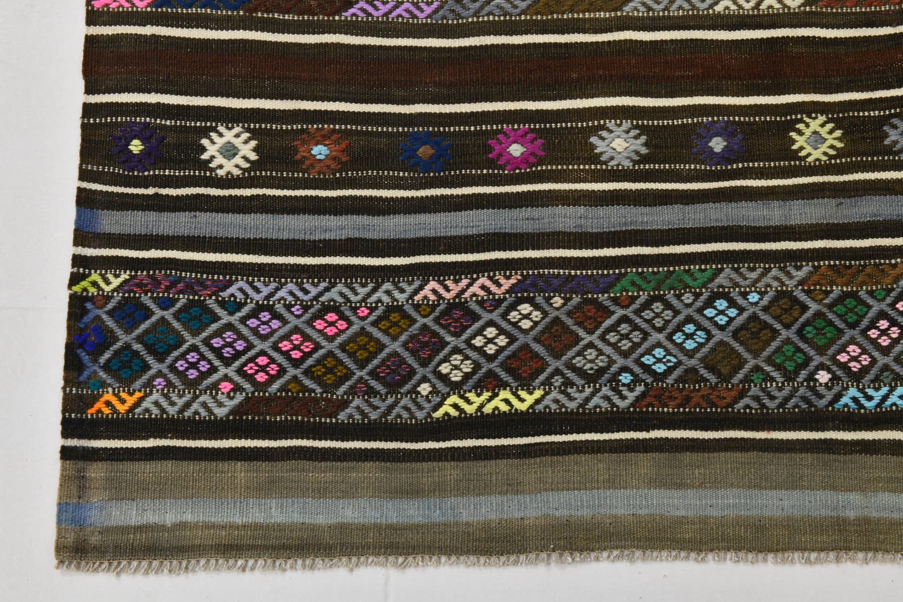 Kilim 214x144 cm, szary, brązowy, wełna, Turcja, lata 70. - 221050