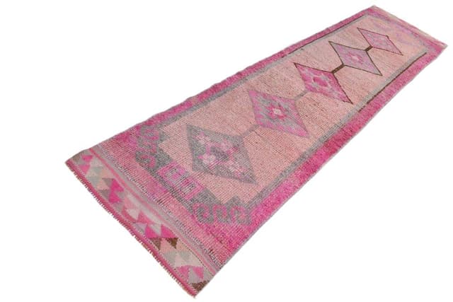 Chodnik 92x355 cm, różowy, wełna, Turcja, lata 70. - WYMIARY