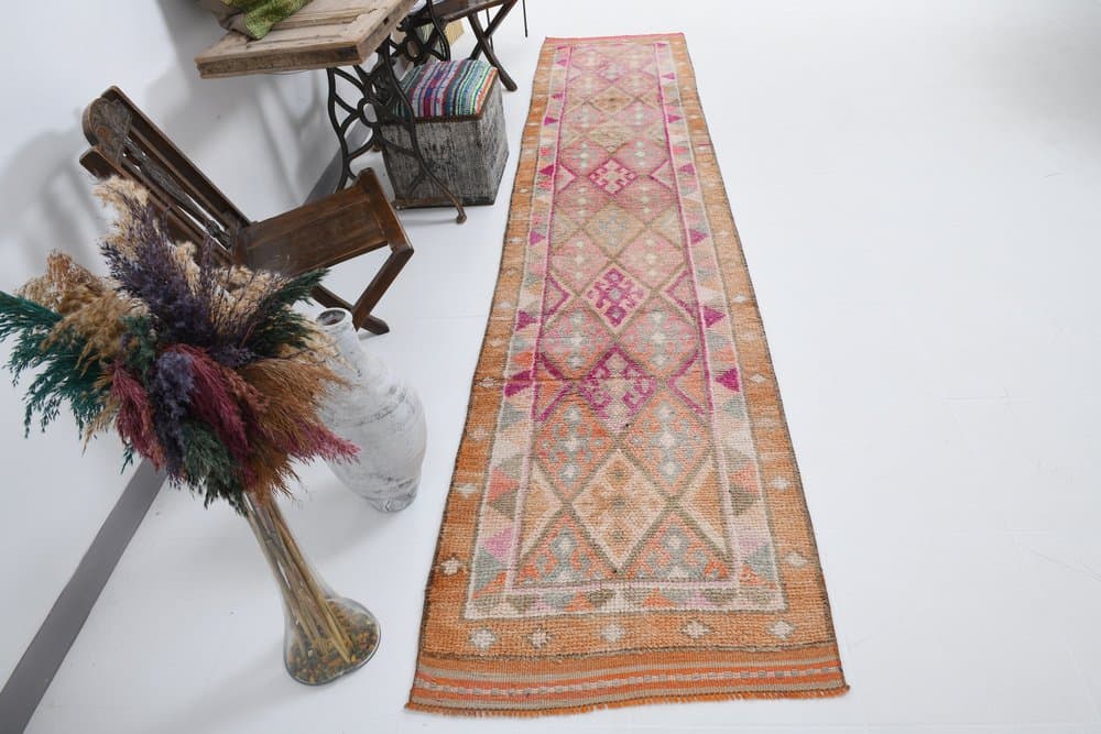 Chodnik 80x374 cm, różowy, wełna, Turcja, lata 70. - 220975