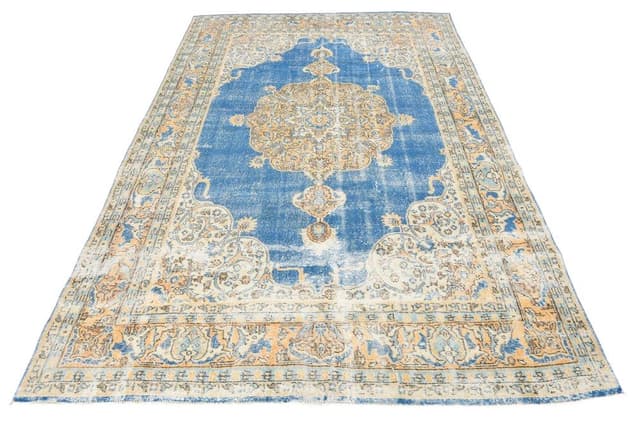 Dywan 206x304 cm, beżowy, azurowy, wełna, Turcja, lata 70. - WYMIARY