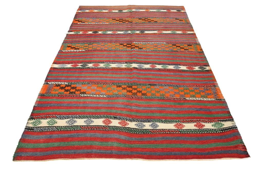 Kilim 253x172 cm, czerwony, zielony, wełna, Turcja, lata 60.