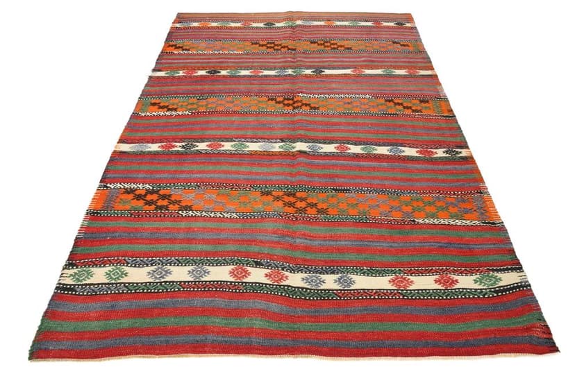Kilim 253x172 cm, czerwony, zielony, wełna, Turcja, lata 60.
