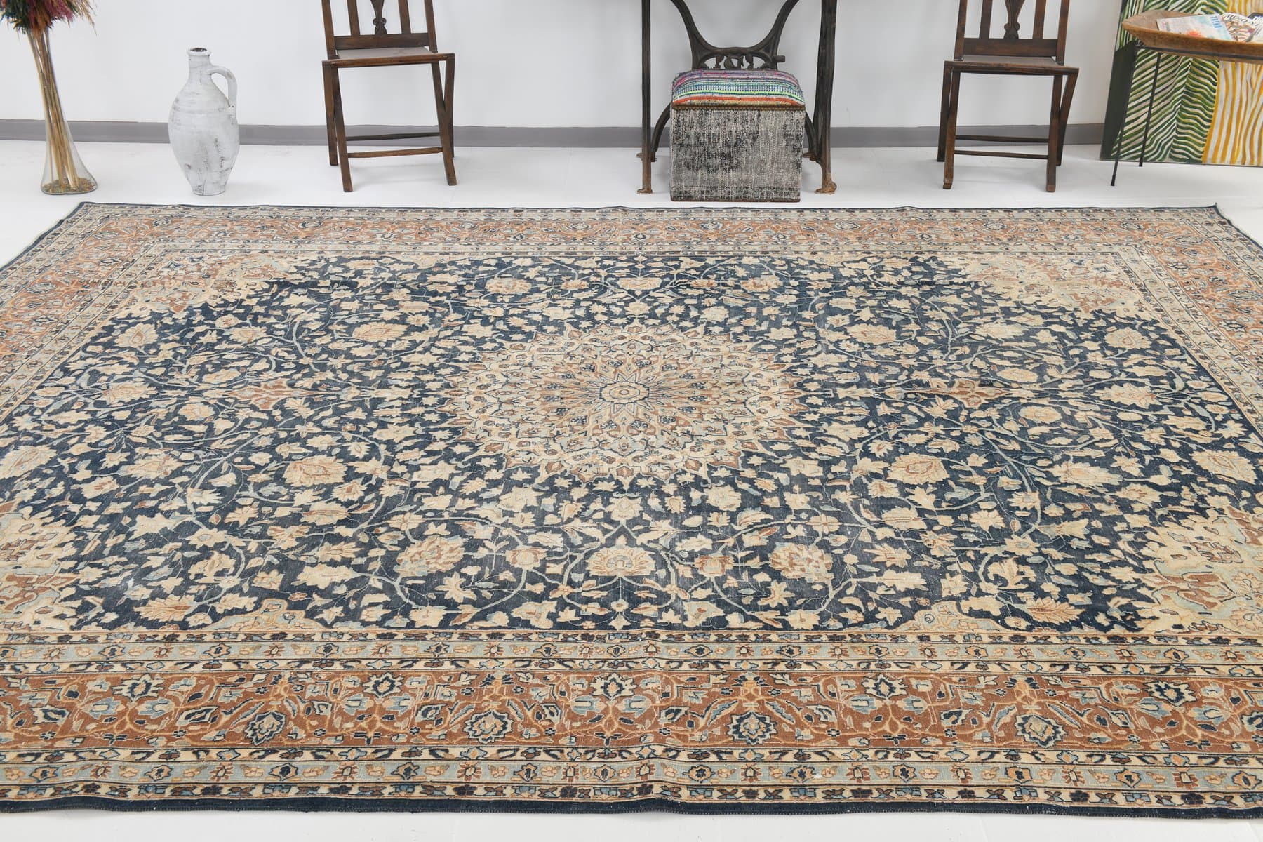 Dywan 394x298 cm, granatowy, wełna, Turcja, lata 60. - 221836