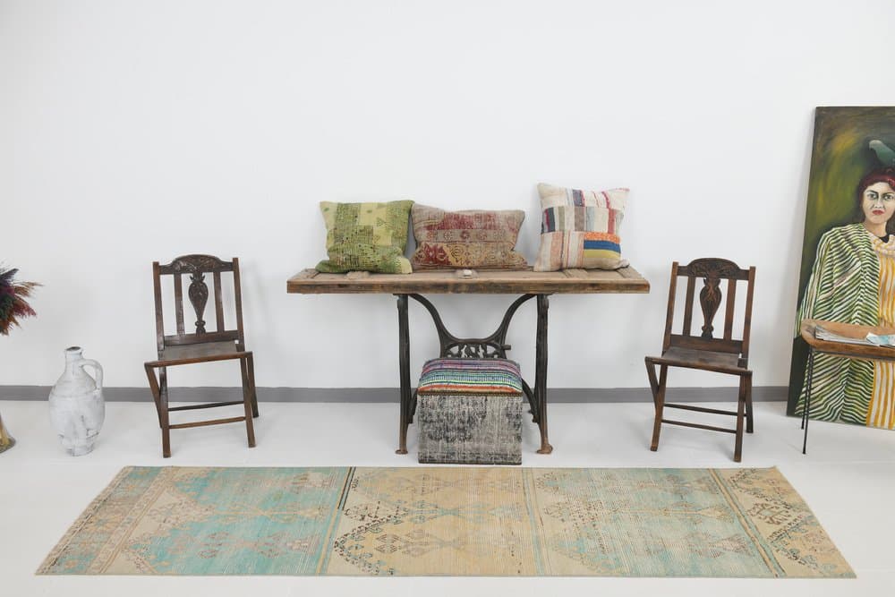 Chodnik 289x80 cm, beżowy, turkusowy, wełna, Turcja, lata 70. - 221755