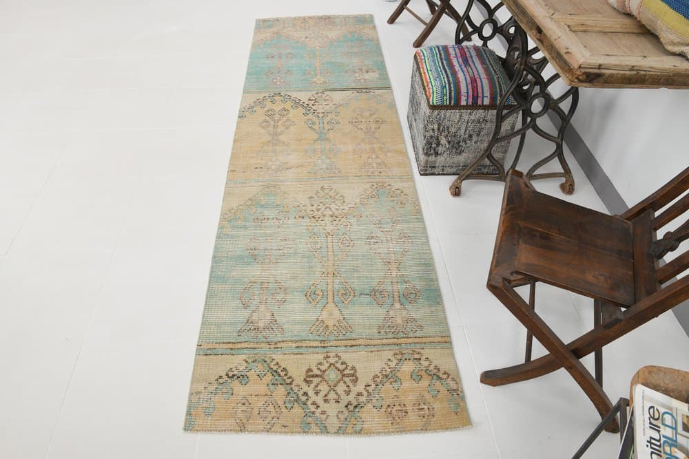 Chodnik 289x80 cm, beżowy, turkusowy, wełna, Turcja, lata 70. - 221758