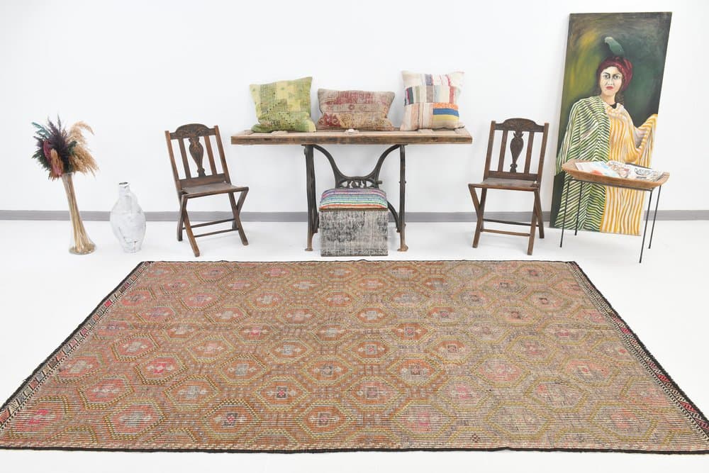 Kilim 290x182 cm, brązowy, czarny, wełna, Turcja, lata 60. - 221716