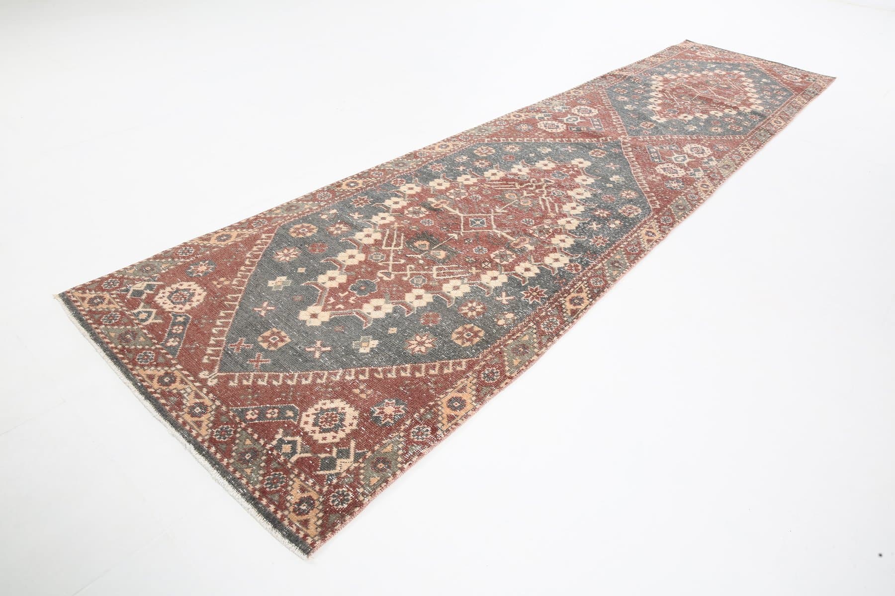 Chodnik 94x387 cm, czerwony, zielony, wełna, Turcja, lata 60. - 221631