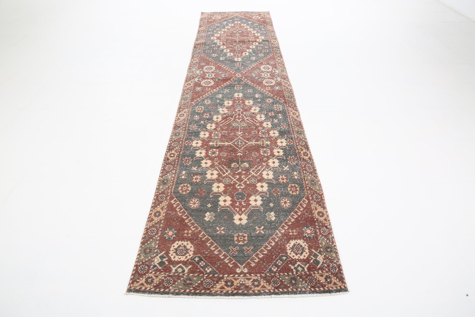 Chodnik 94x387 cm, czerwony, zielony, wełna, Turcja, lata 60. - 221625