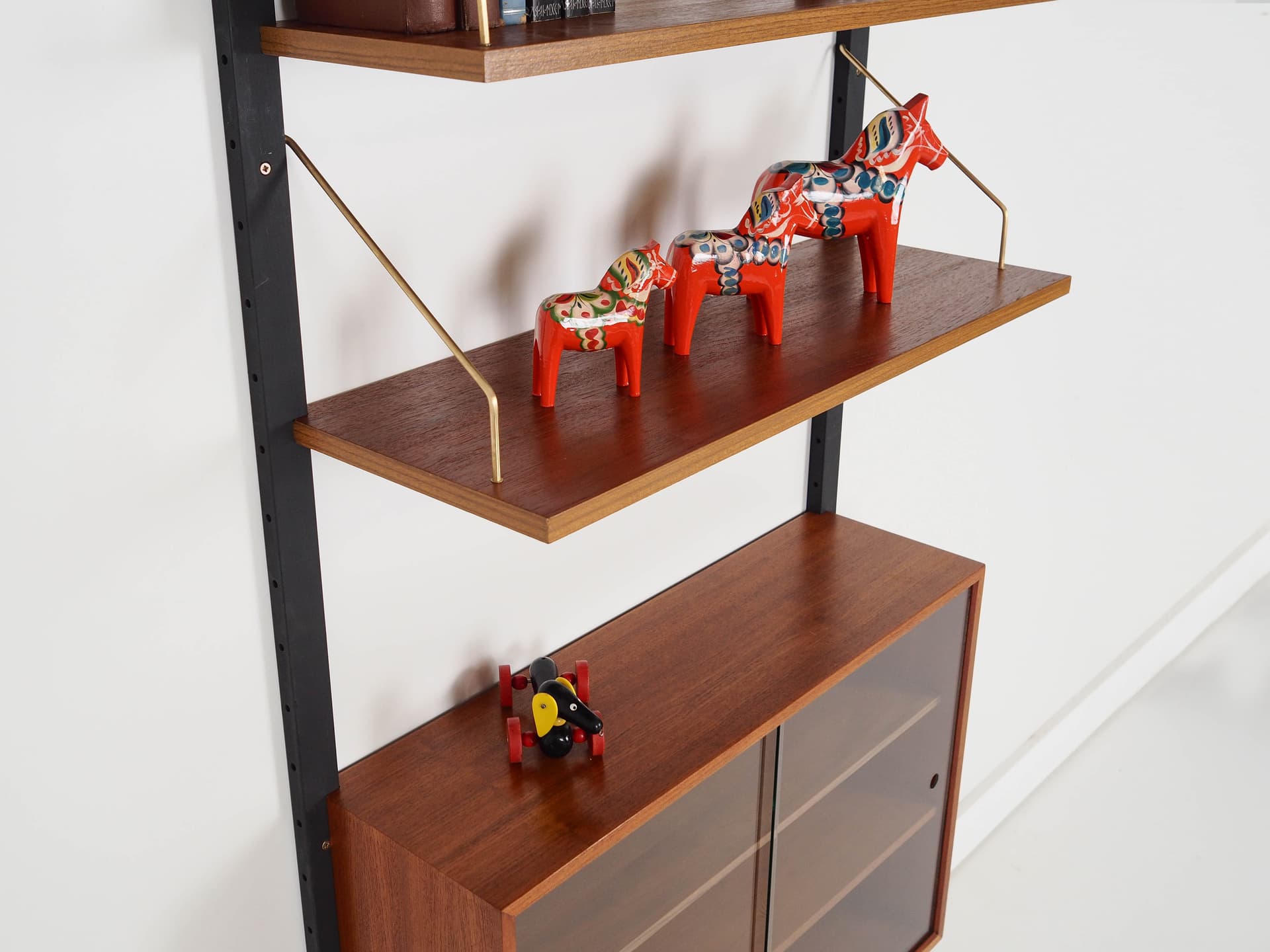 Regał systemowy, brązowy, teak, metal, szkło, Dania, lata 60. - 222329