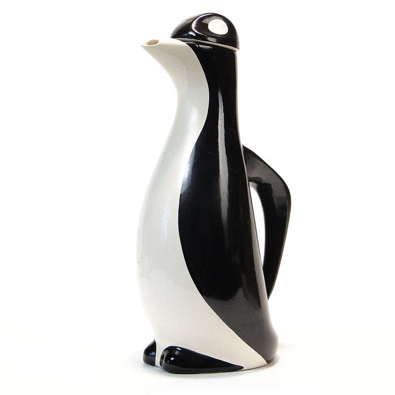 Dzbanek do napojów Pingwin, czarny biały, fajans, proj. J. Sowiński, Włocławek, Polska, lata 60.