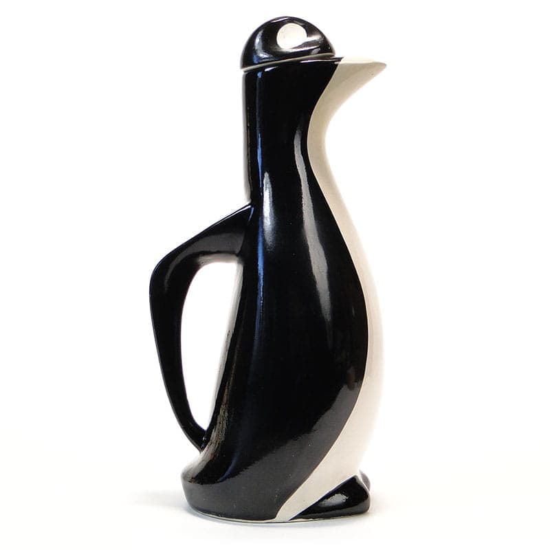 Dzbanek do napojów Pingwin, czarny biały, fajans, proj. J. Sowiński, Włocławek, Polska, lata 60. - 222353