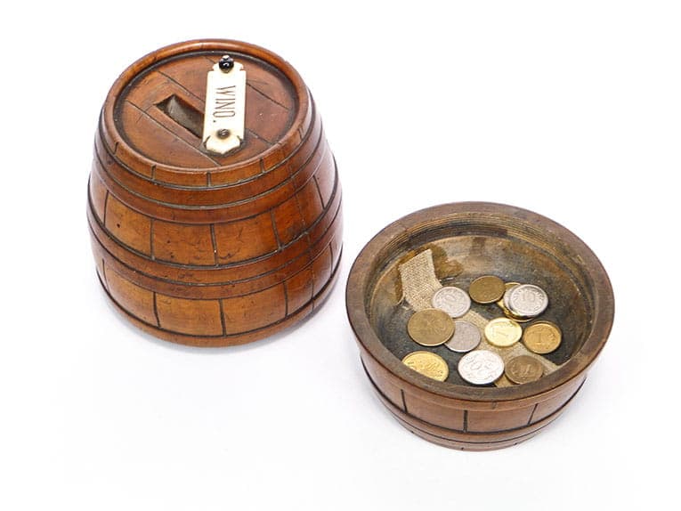 Skarbonka beczka, Biedermeier, orzech brązowy, Polska, XIX wiek - 222441