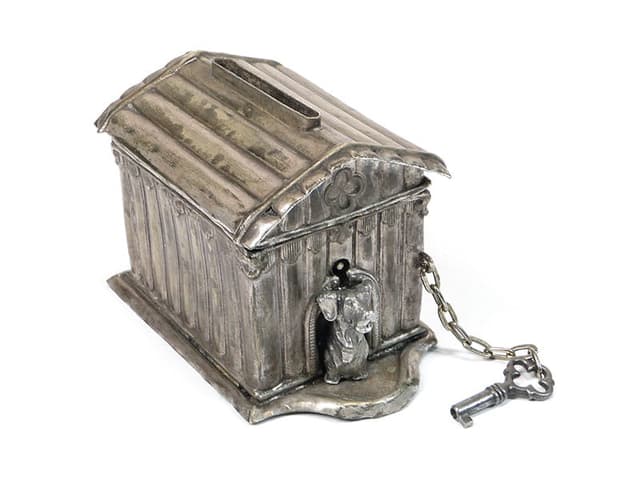 Skarbonka buda dla psa, srebrny mosiądz, Polska, XIX w. - WYMIARY